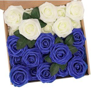 25 count | Royal Blue & Ivory Roses Faux Flowers Wedding Bouquet Centerpiece